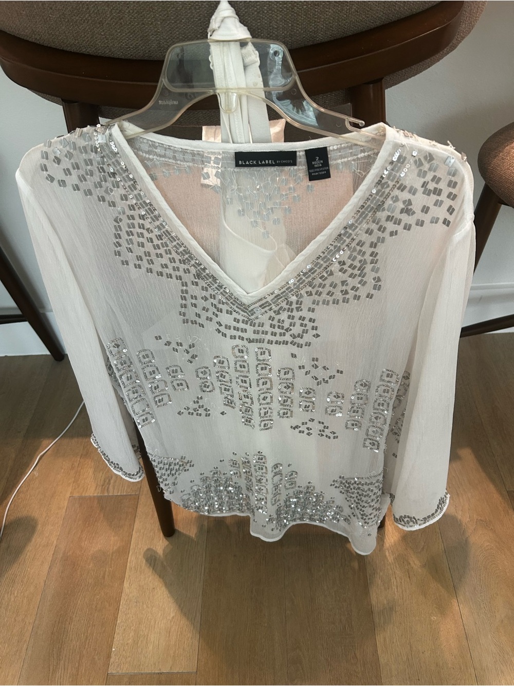 Chico's White Beaded V-Neck Sheer Blouse
